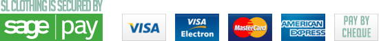 SL Clothing is secured by Sage Pay we accept Visa, Visa Electron, Mastercard, American Express, as as well as payment by cheque.